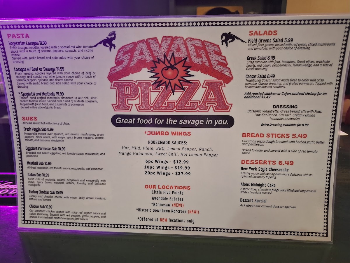 Savage Pizza (Norcross) menu board