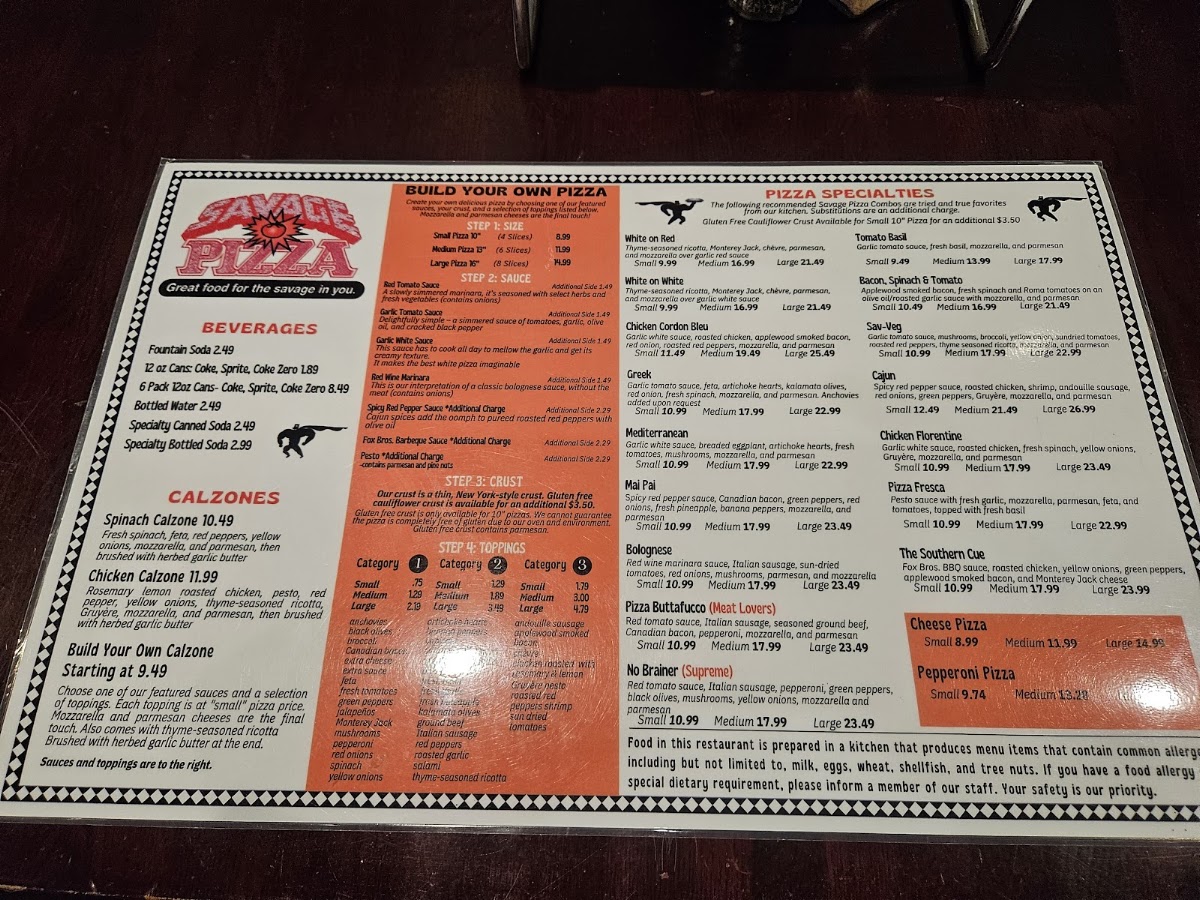 Savage Pizza (Norcross) menu board