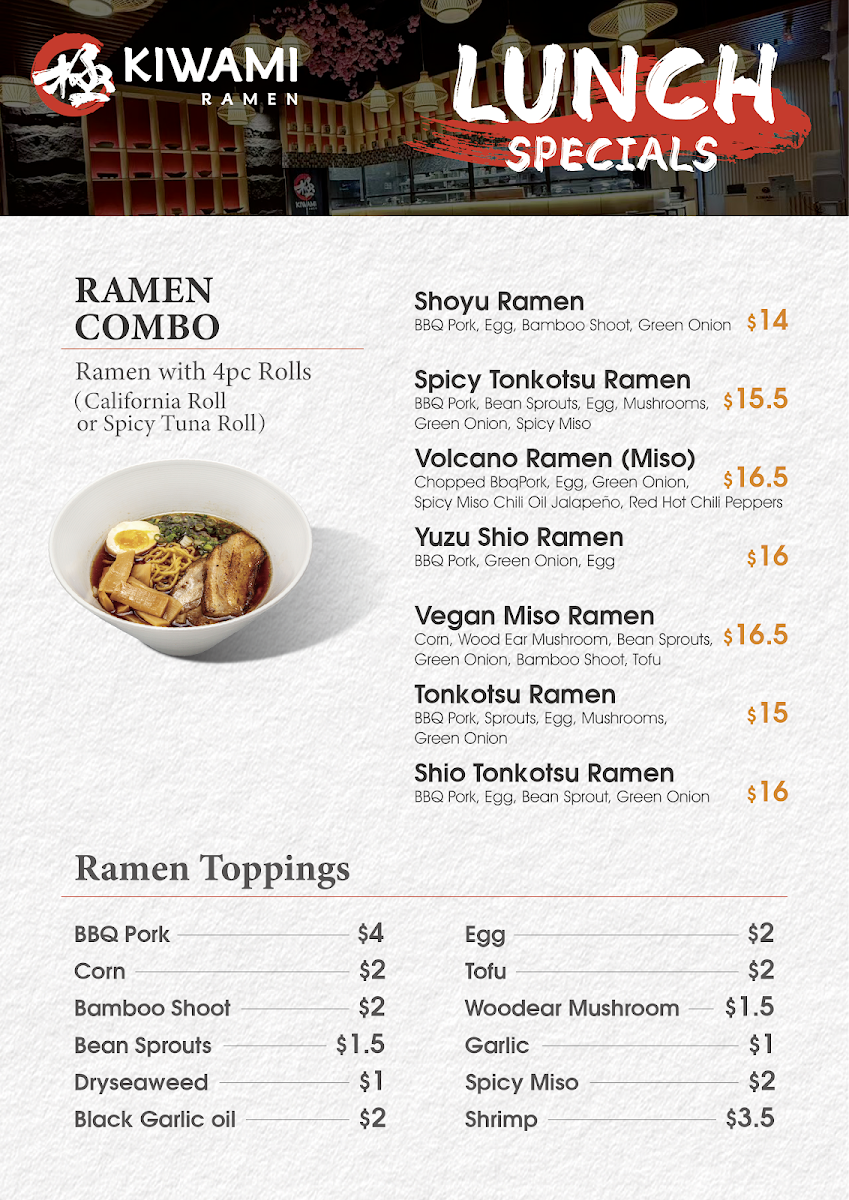 KIWAMI SUSHI & RAMEN menu board
