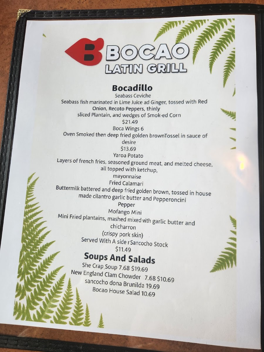 Bocao Latin Grill menu board