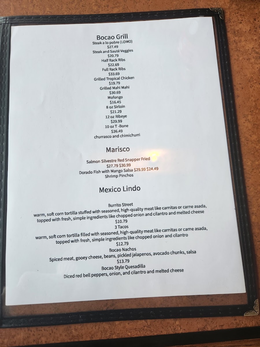 Bocao Latin Grill menu board