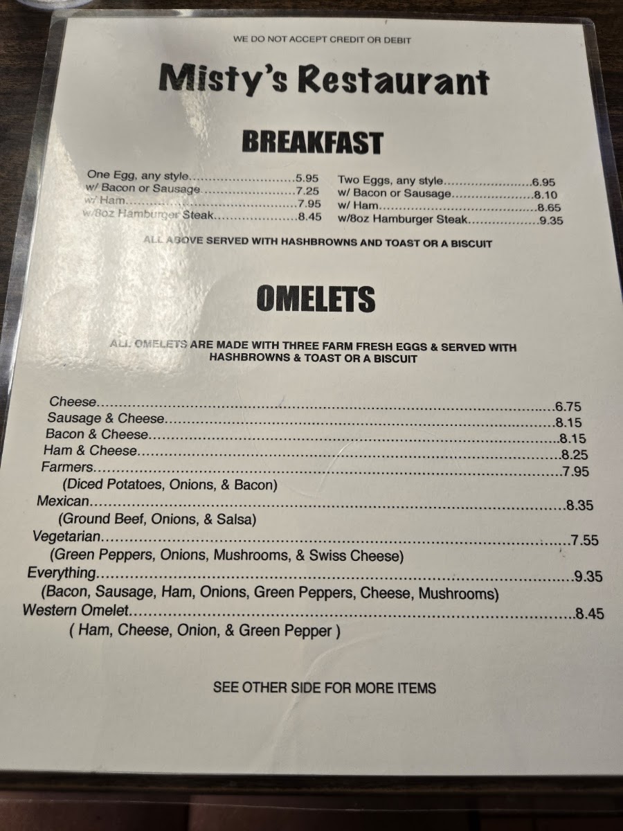 Misty's Restaurant menu board