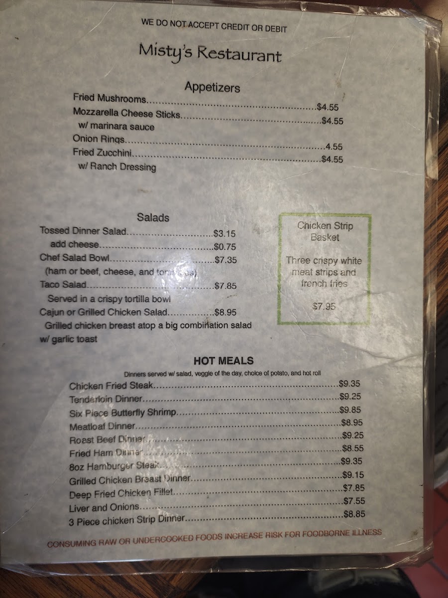 Misty's Restaurant menu board