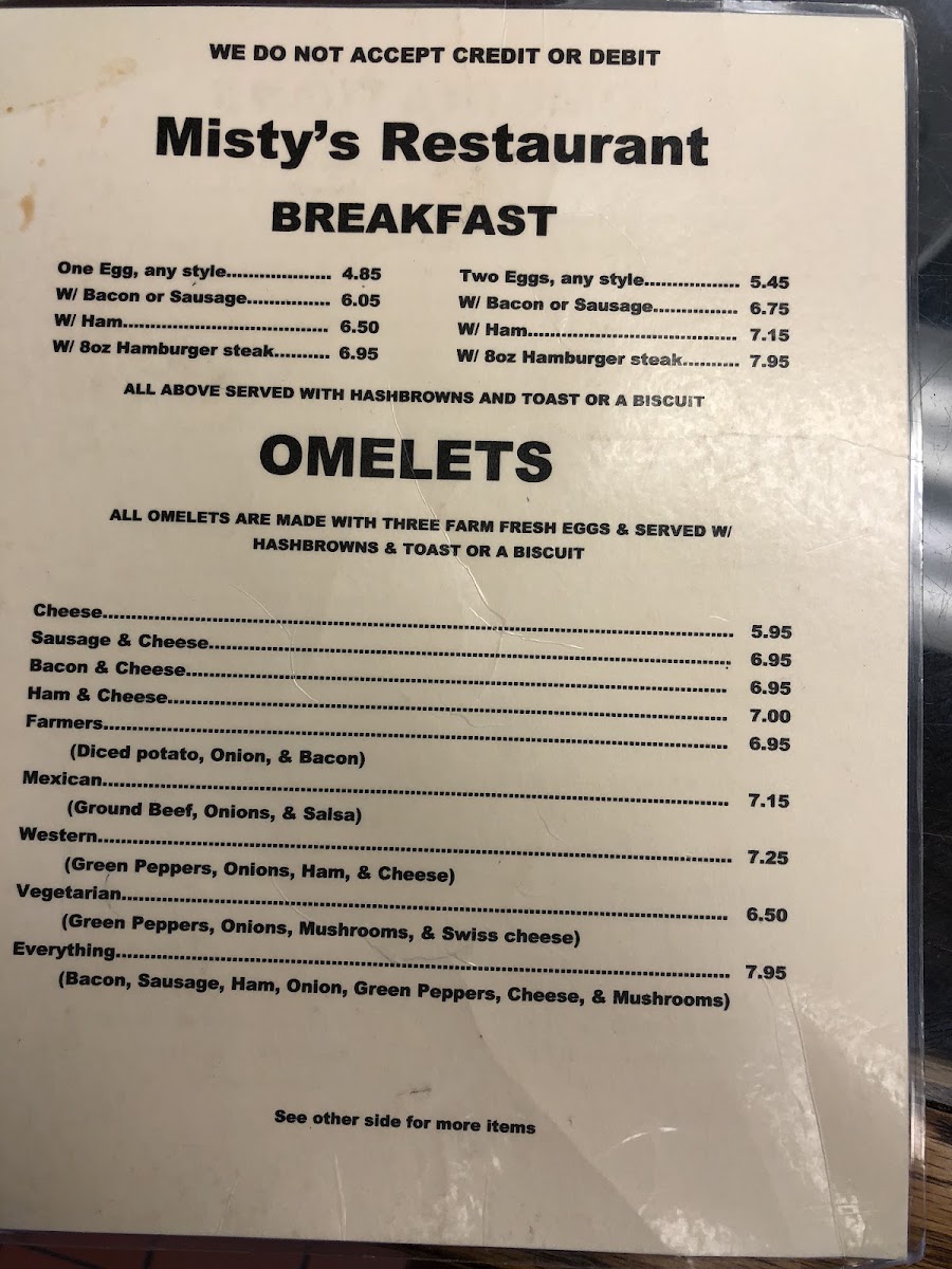 Misty's Restaurant menu board