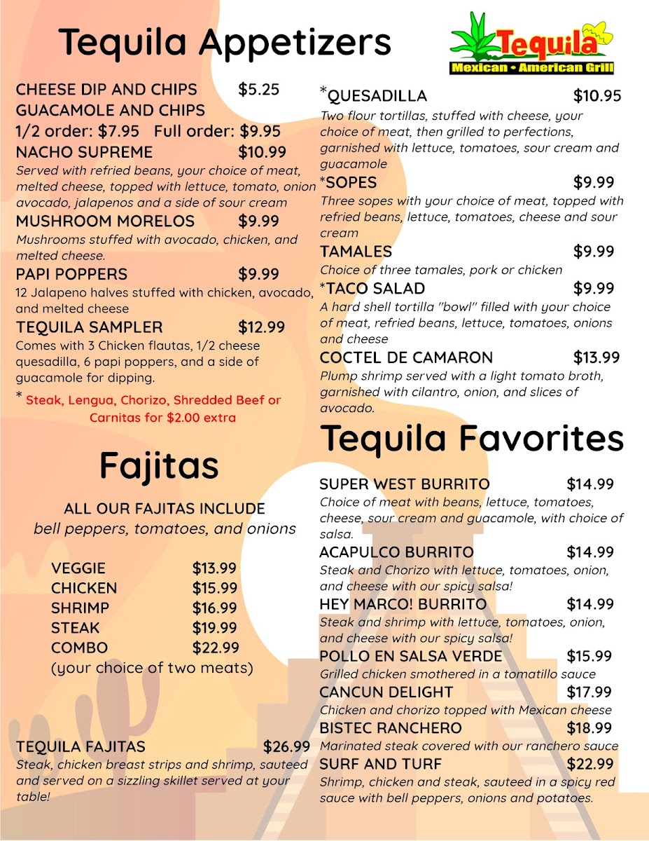 El Tequila Mexican Grill menu board