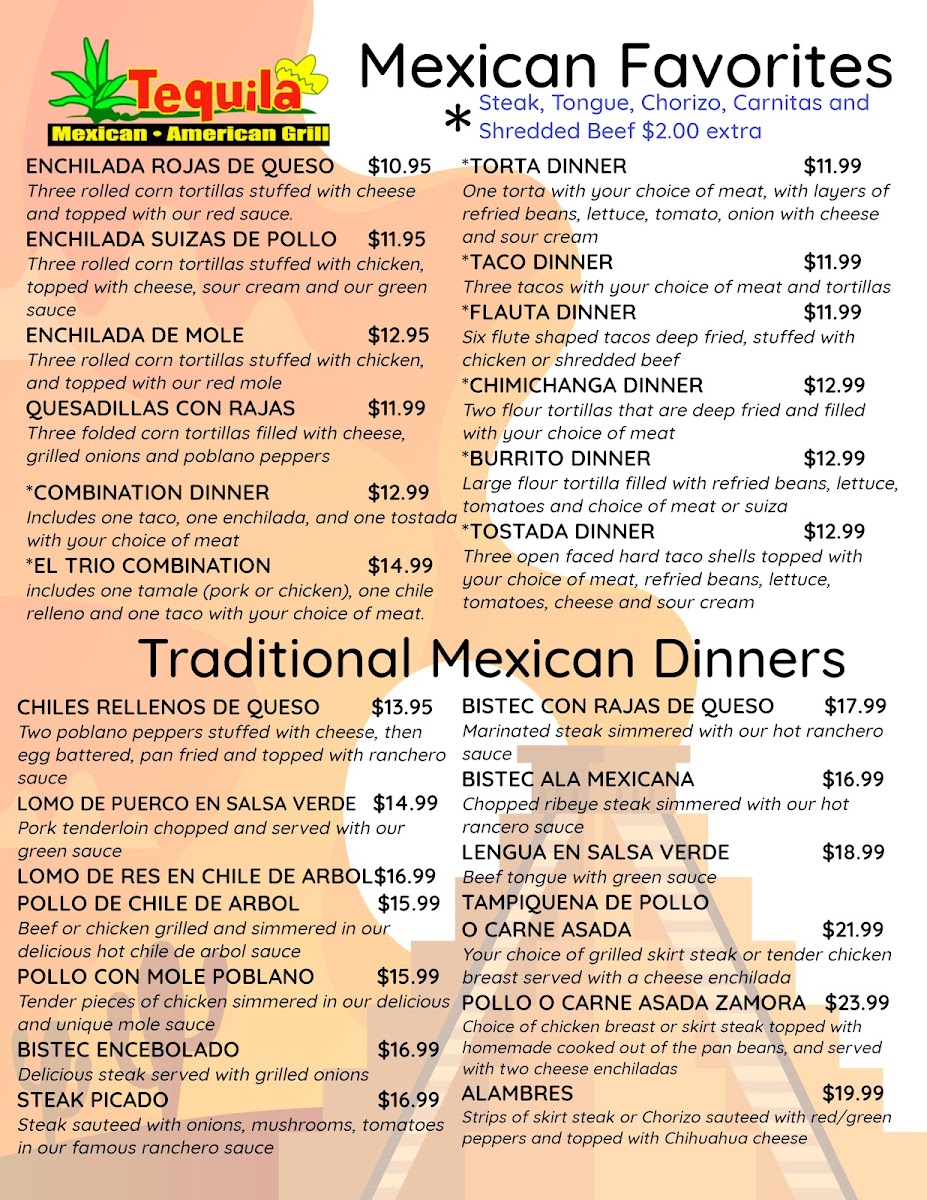 El Tequila Mexican Grill menu board