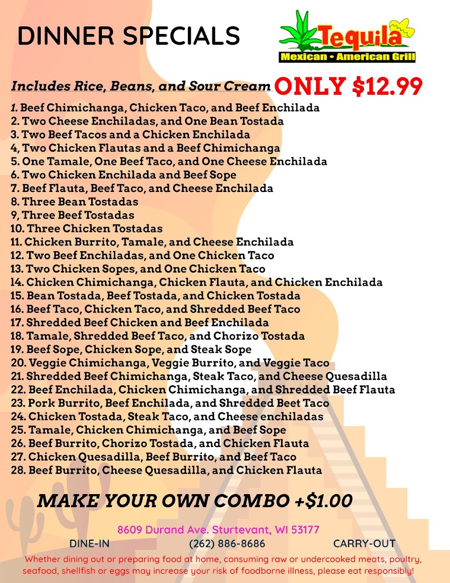 El Tequila Mexican Grill menu board