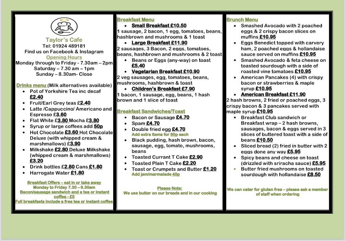 Taylors Cafe menu board