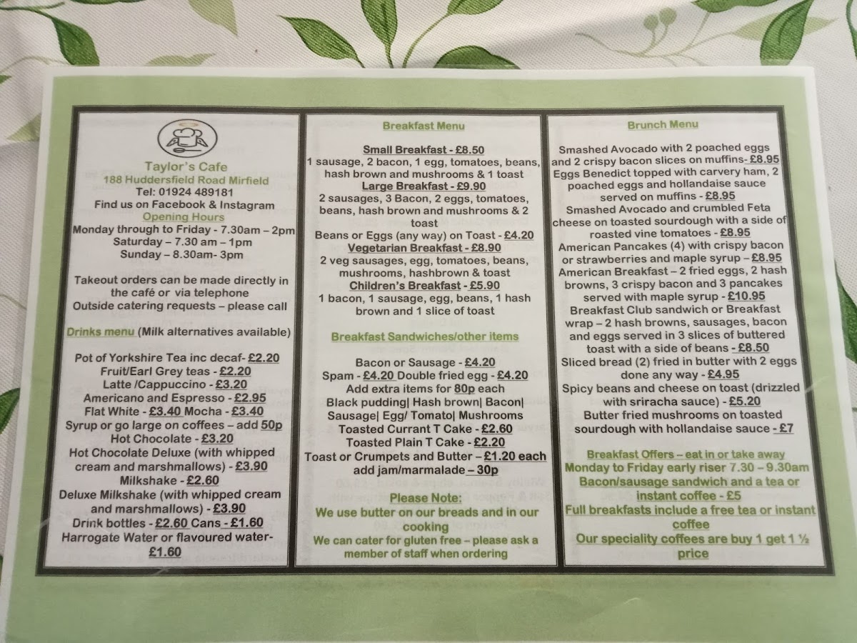 Taylors Cafe menu board