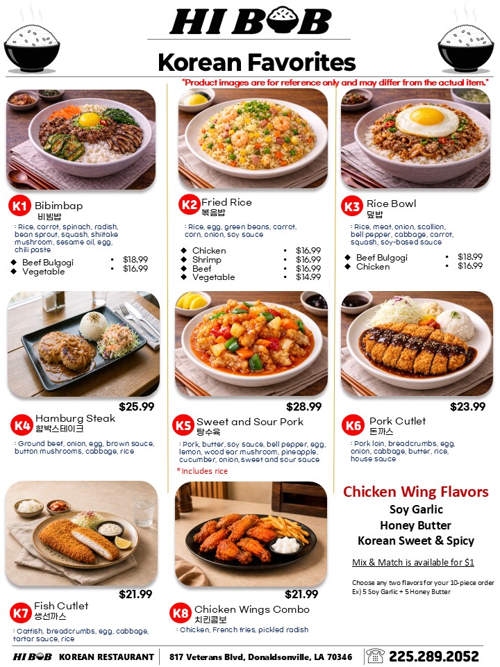 HI BOB Korean restaurant menu board
