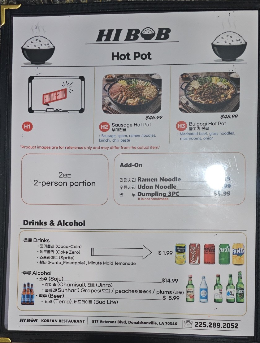 HI BOB Korean restaurant menu board