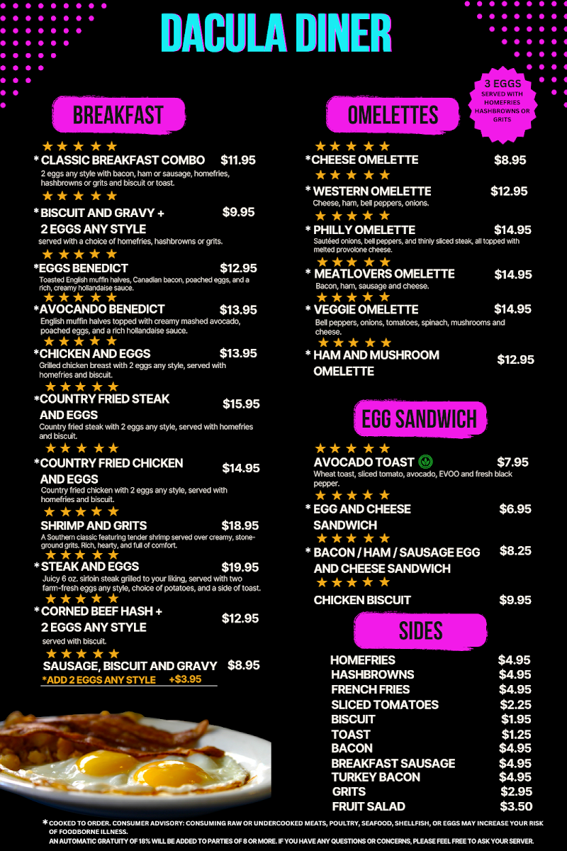 Dacula Diner menu board