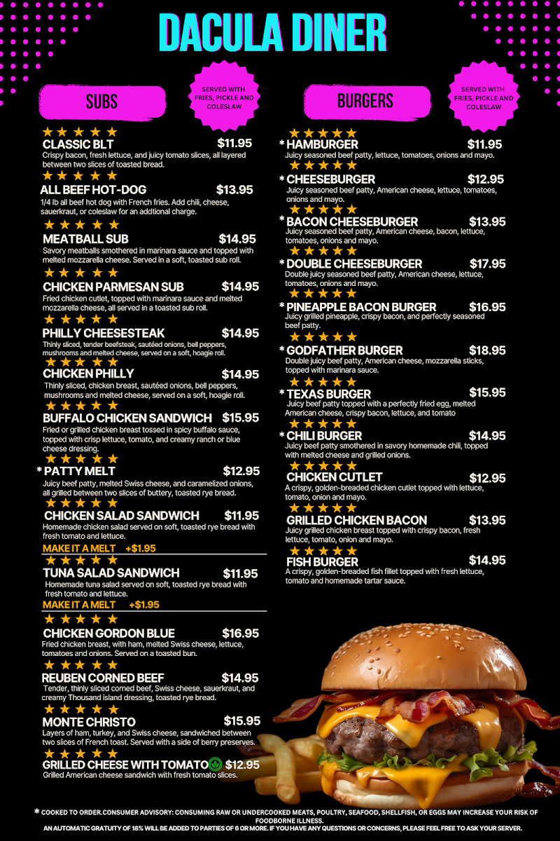 Dacula Diner menu board