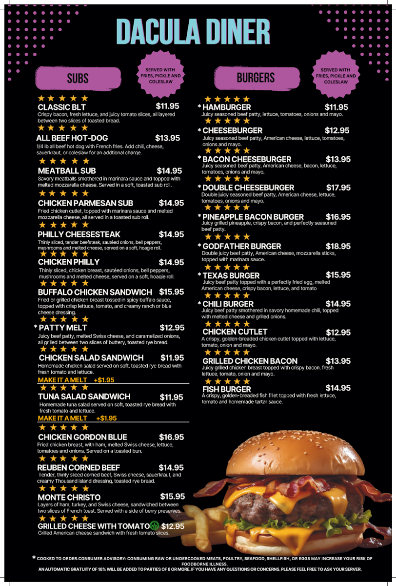 Dacula Diner menu board