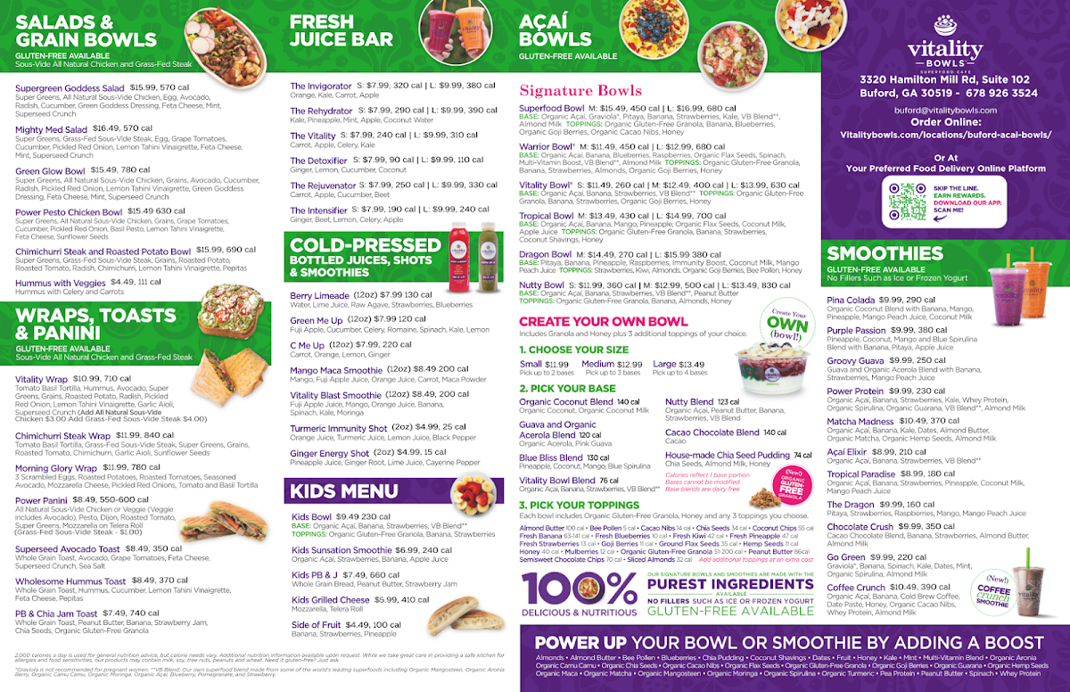 Vitality Bowls menu board