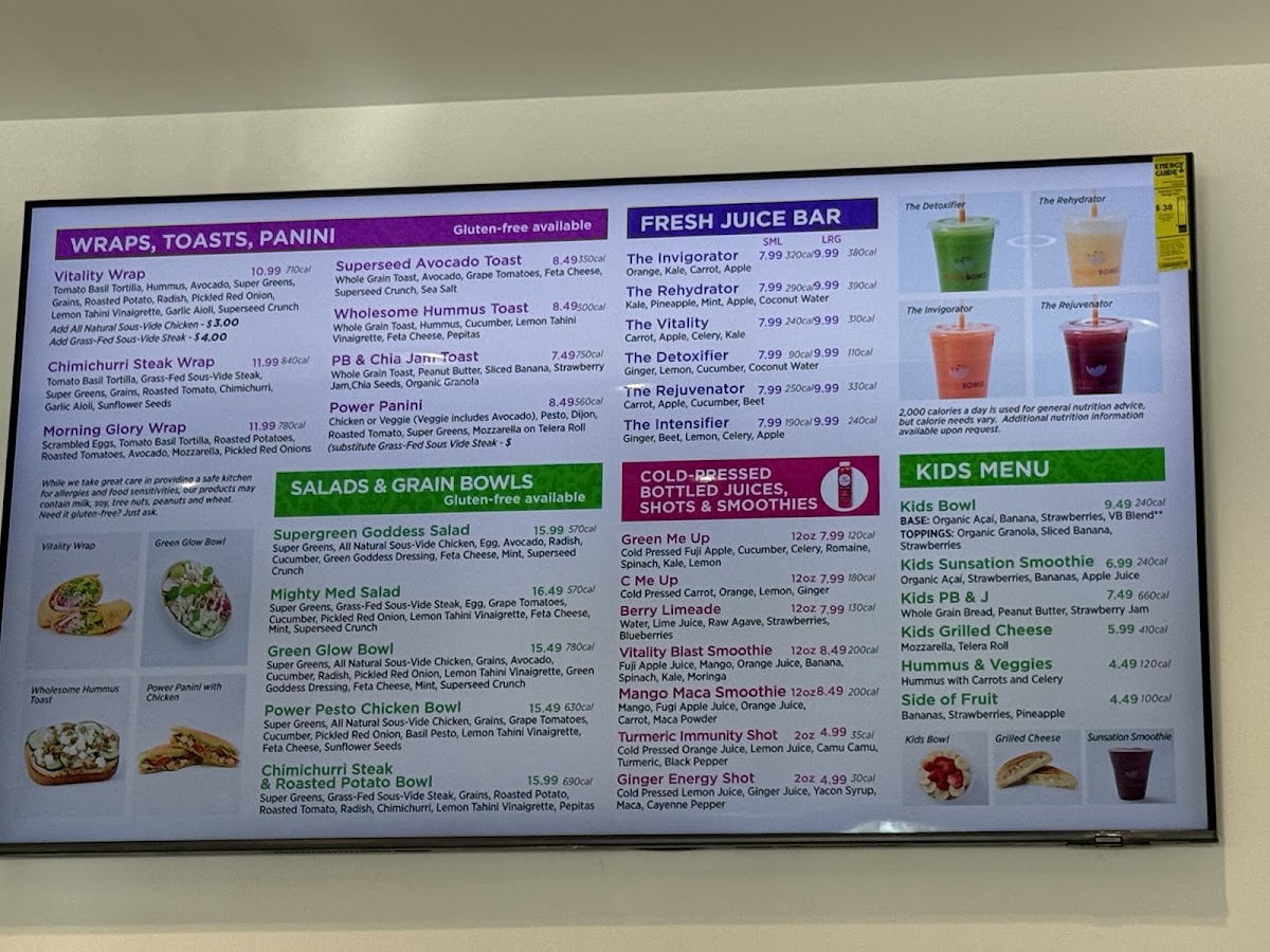 Vitality Bowls menu board