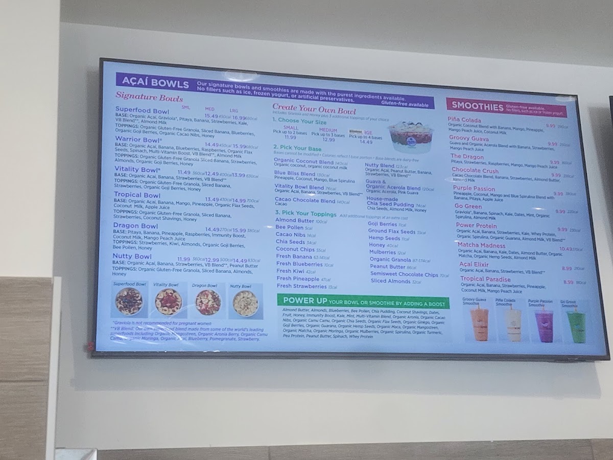 Vitality Bowls menu board