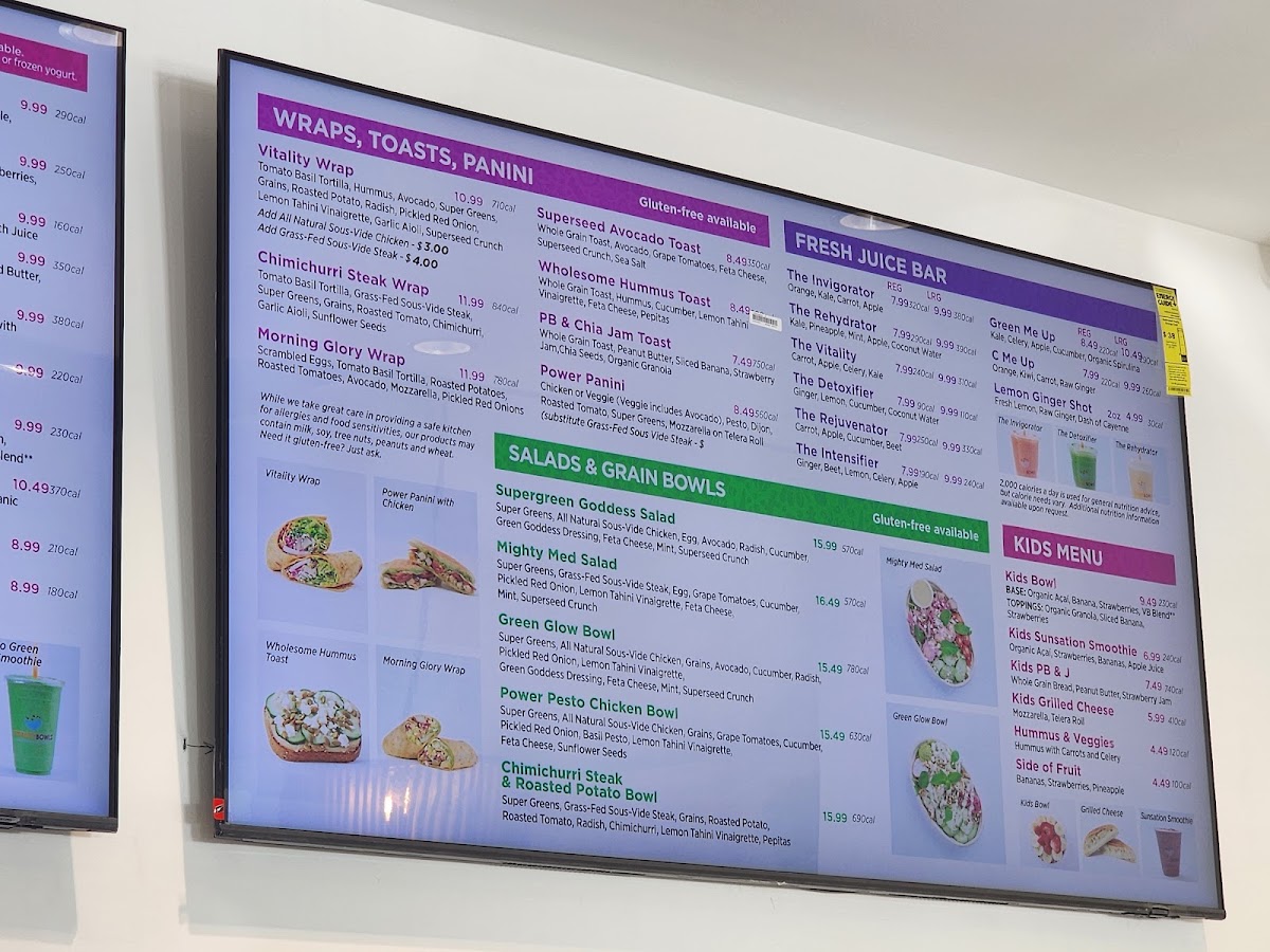 Vitality Bowls menu board
