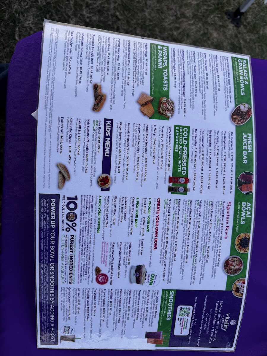 Vitality Bowls menu board