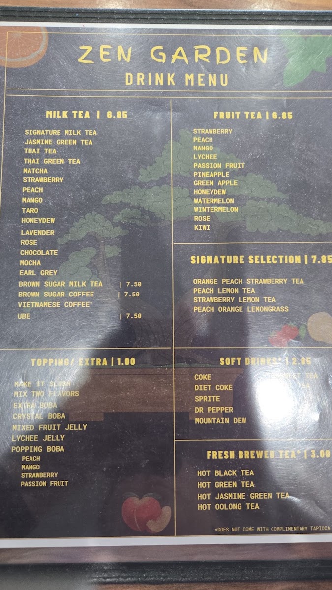 Zen Garden menu board
