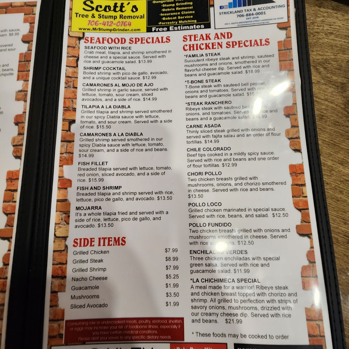 La Familia Restaurant menu board