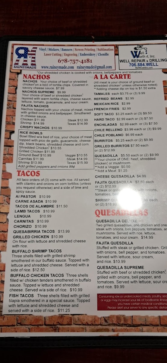 La Familia Restaurant menu board