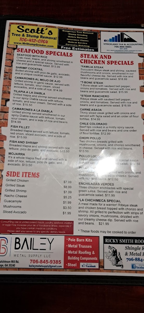 La Familia Restaurant menu board