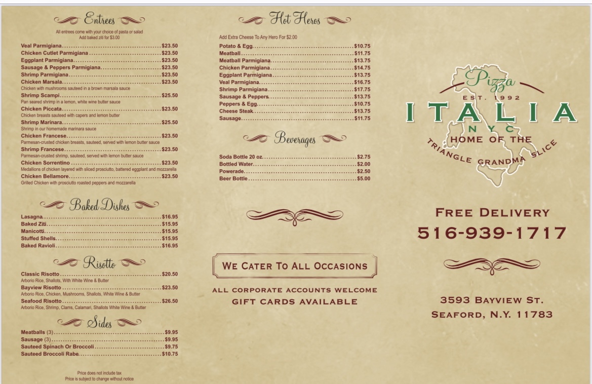Pizza Italia NYC menu board