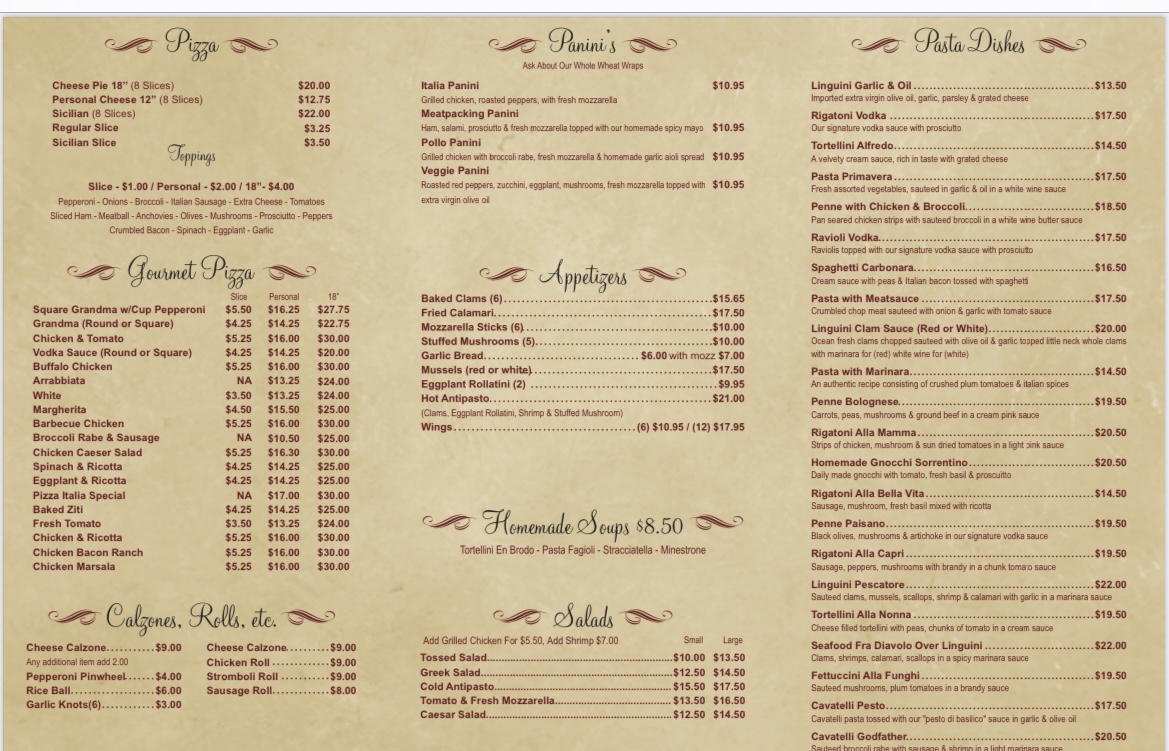 Pizza Italia NYC menu board