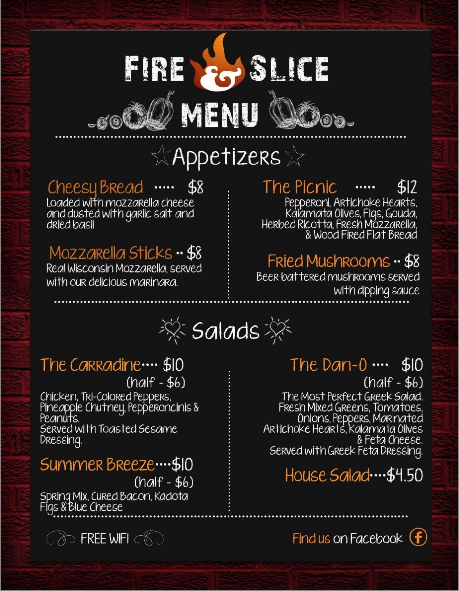 Fire & Slice menu board