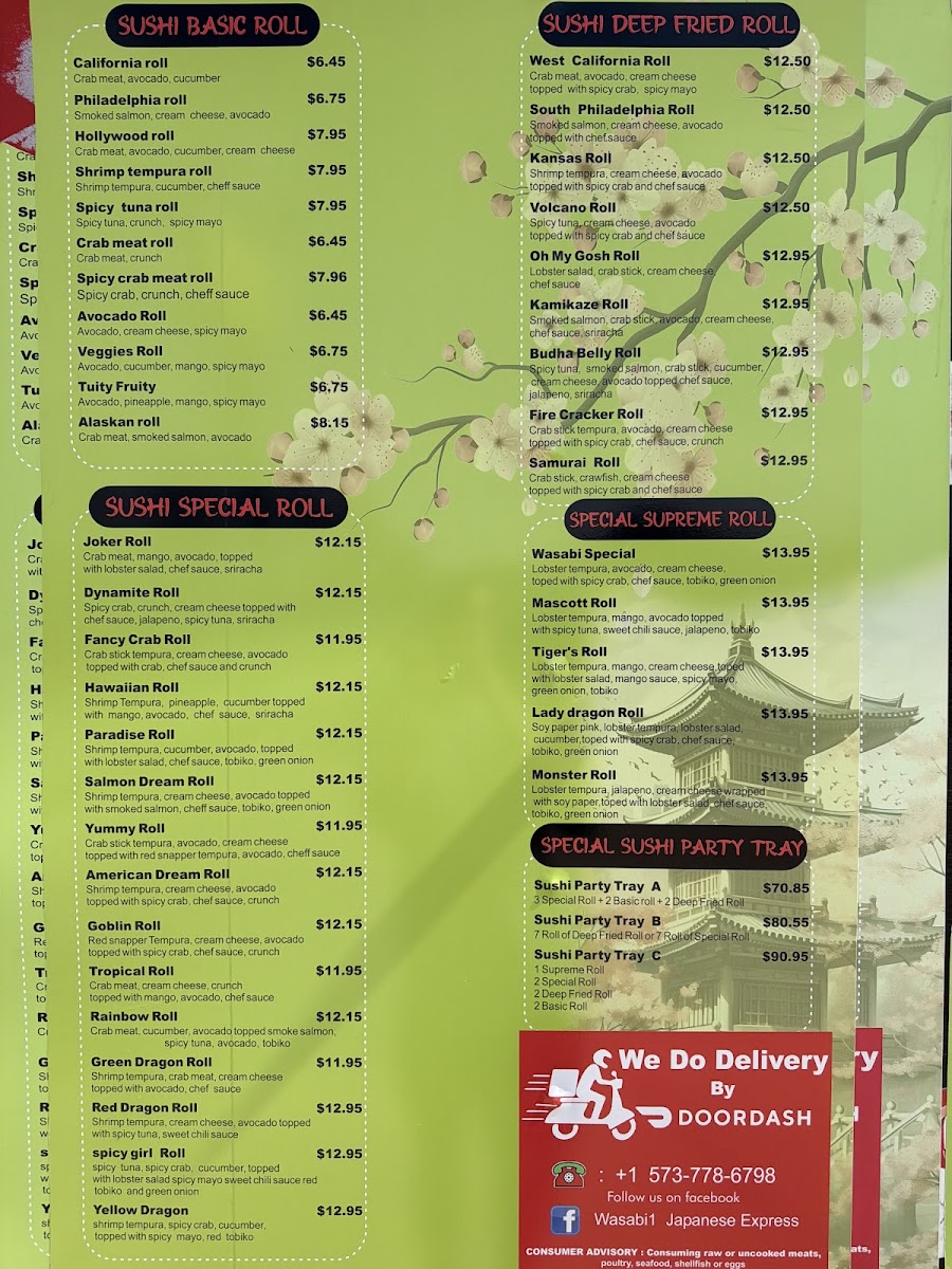 Wasabi 1 japanese express hibachi grill and sushi menu board