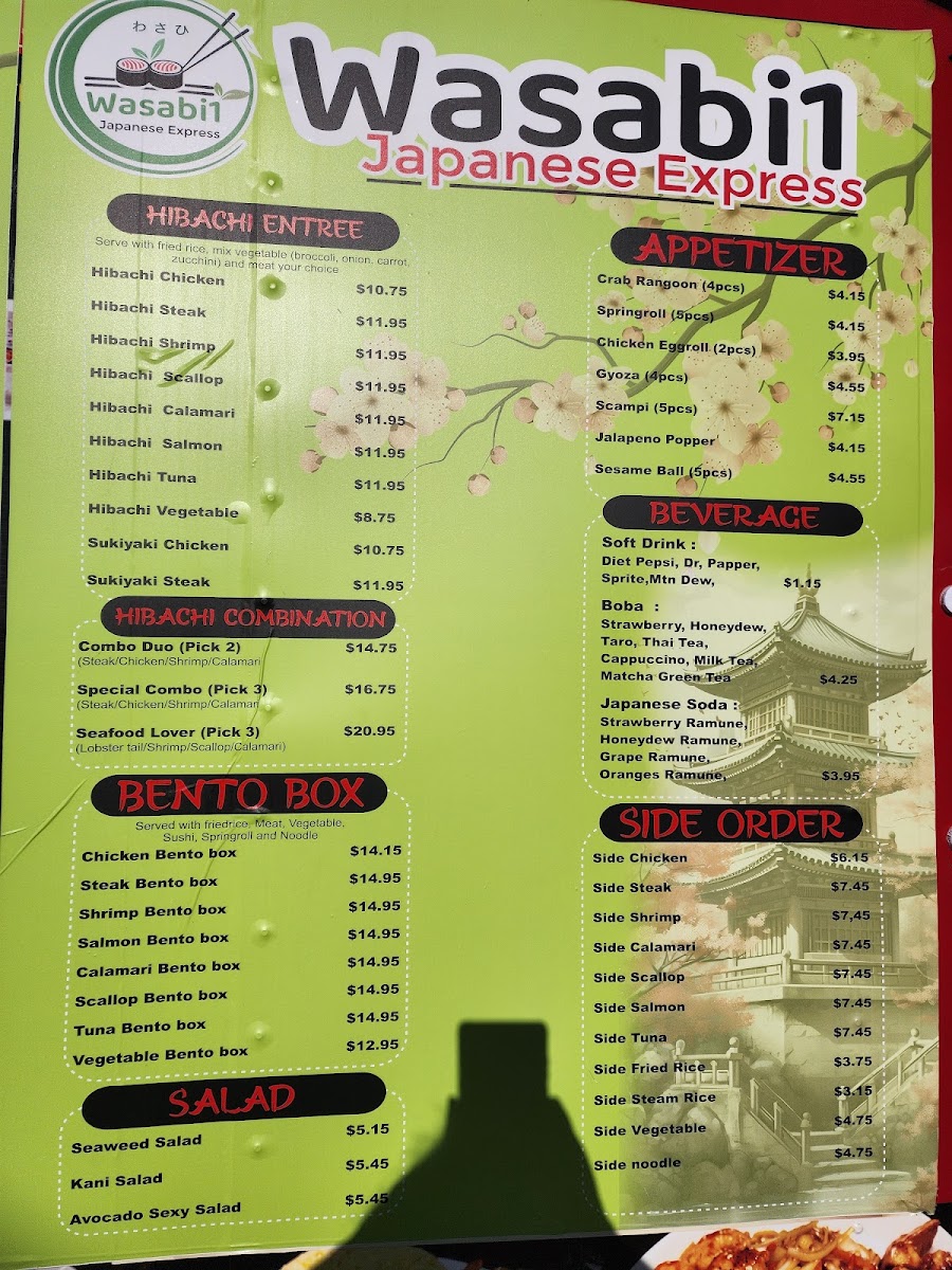 Wasabi 1 japanese express hibachi grill and sushi menu board