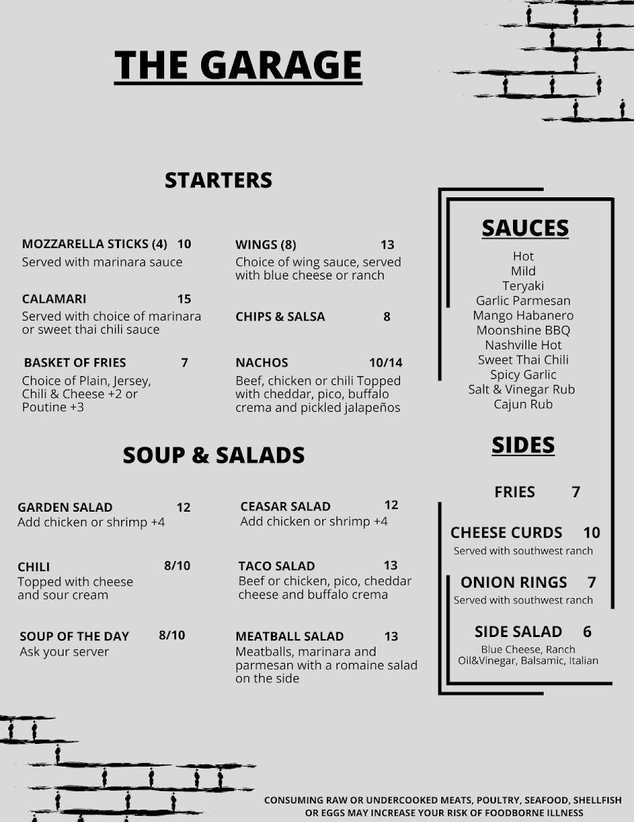 The Garage Bar & Grill menu board