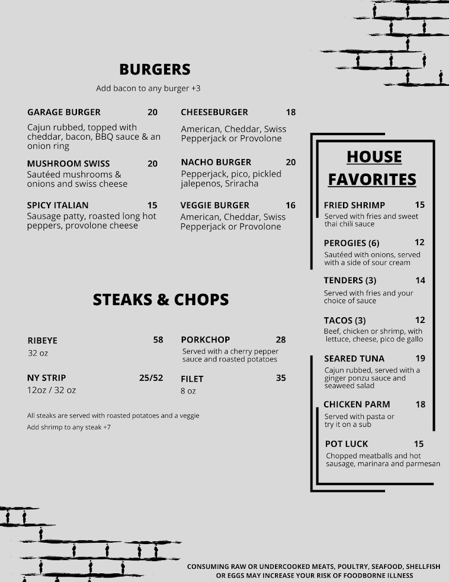 The Garage Bar & Grill menu board