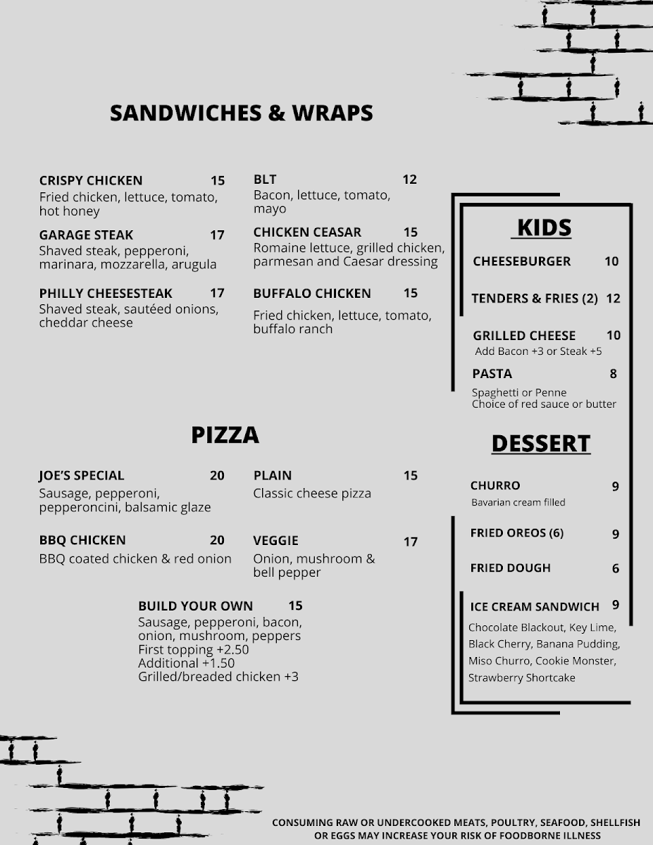 The Garage Bar & Grill menu board