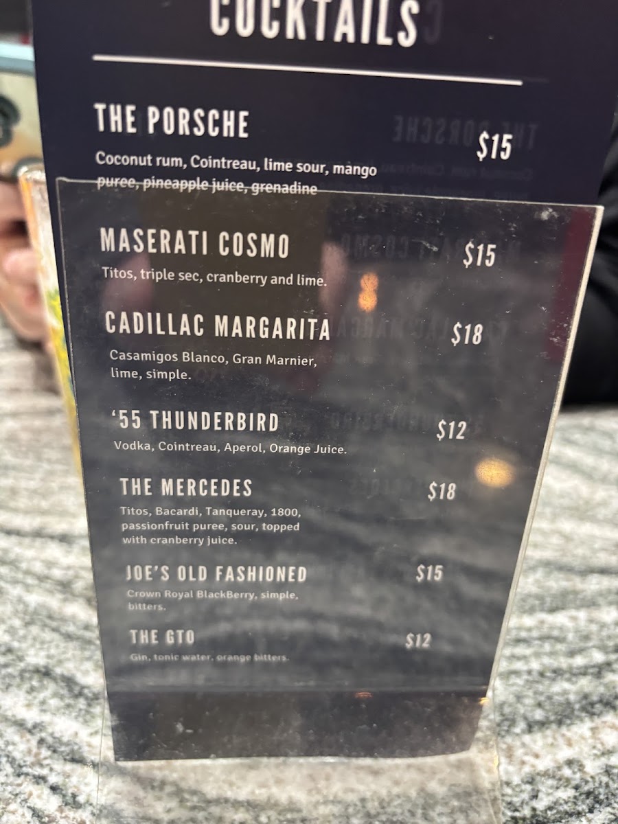 The Garage Bar & Grill menu board