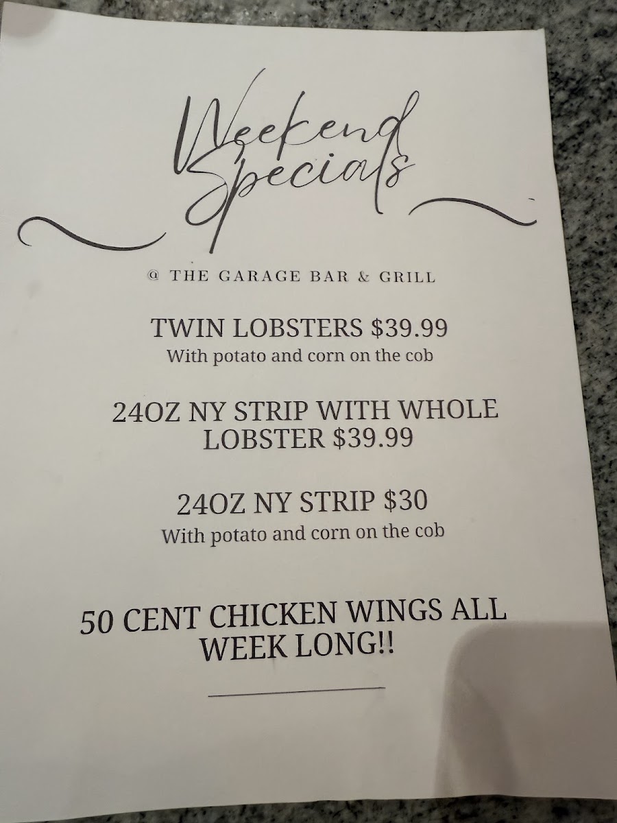 The Garage Bar & Grill menu board