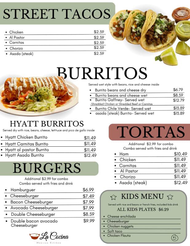 La Cocina Mexican Kitchen menu board