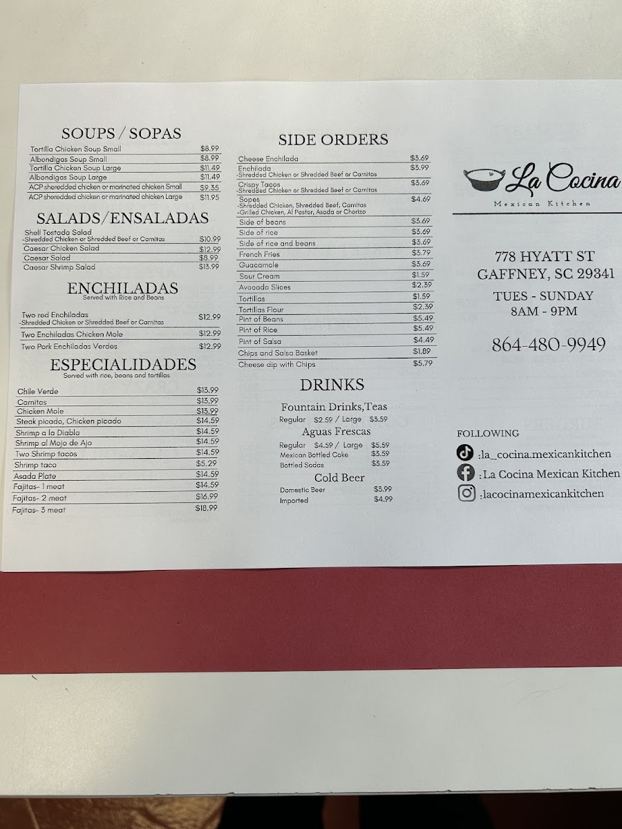 La Cocina Mexican Kitchen menu board