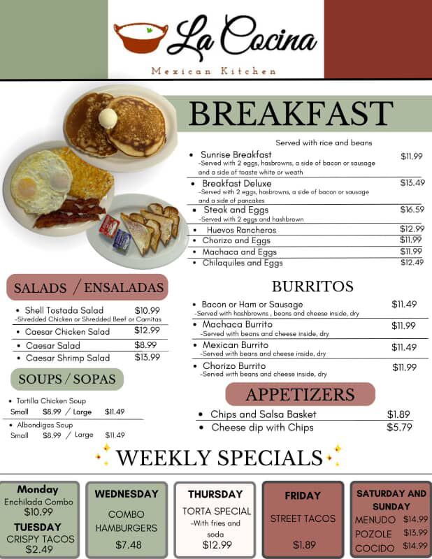 La Cocina Mexican Kitchen menu board