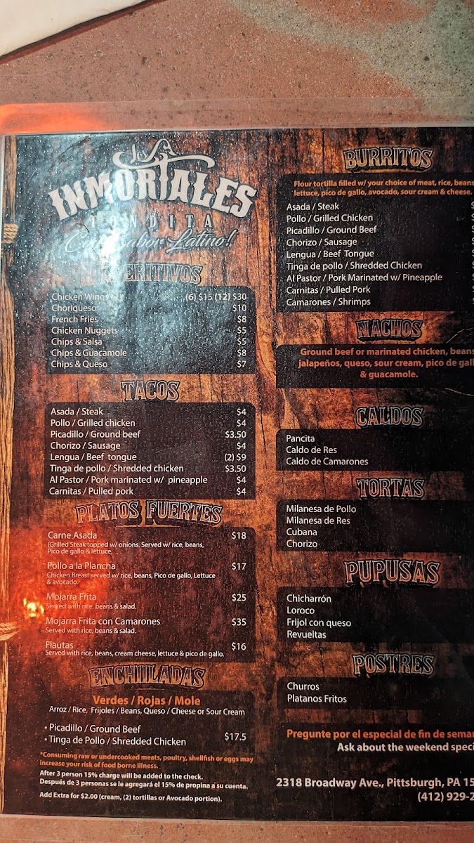 Los Inmortales Fondita Con Sabor Latino! menu board