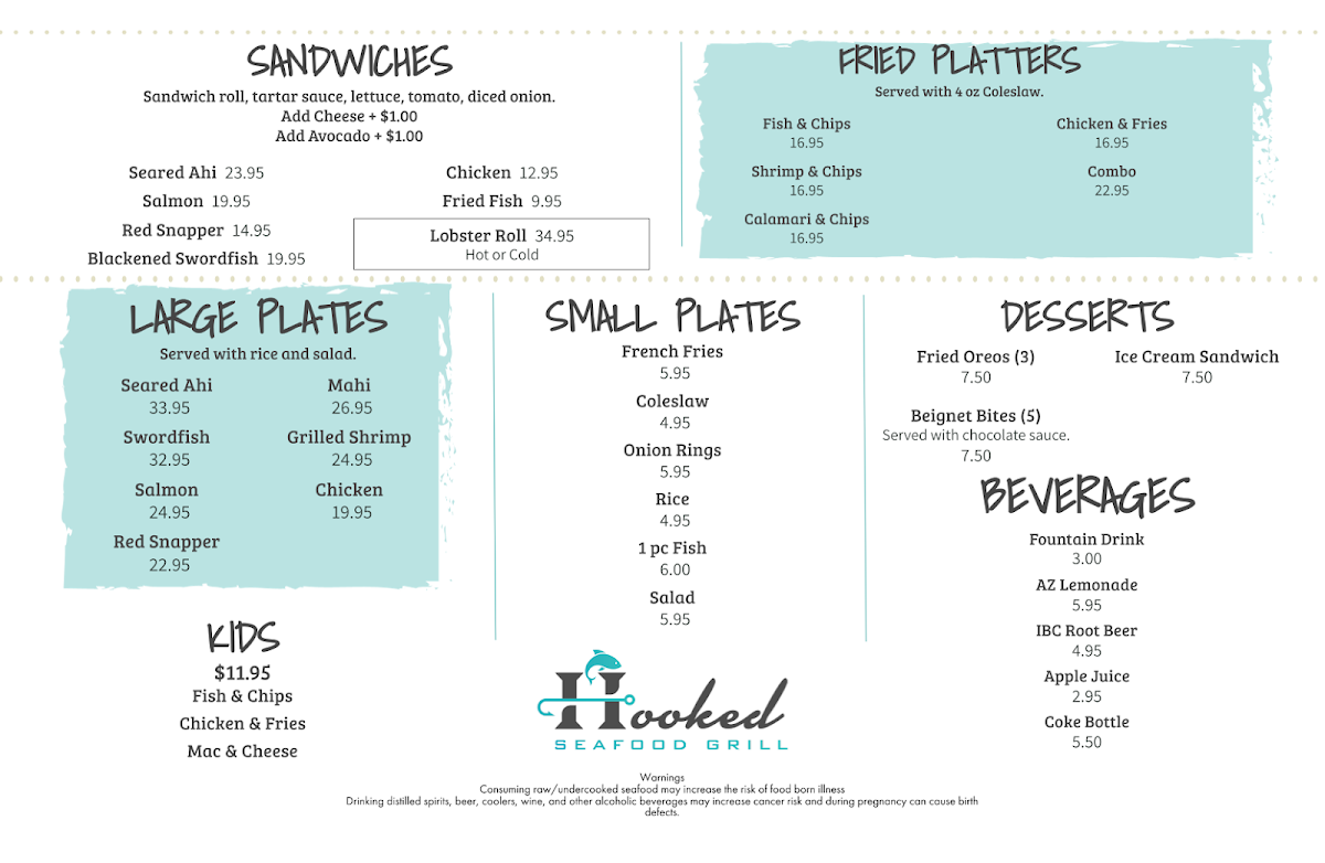 Hooked Seafood Grill menu board