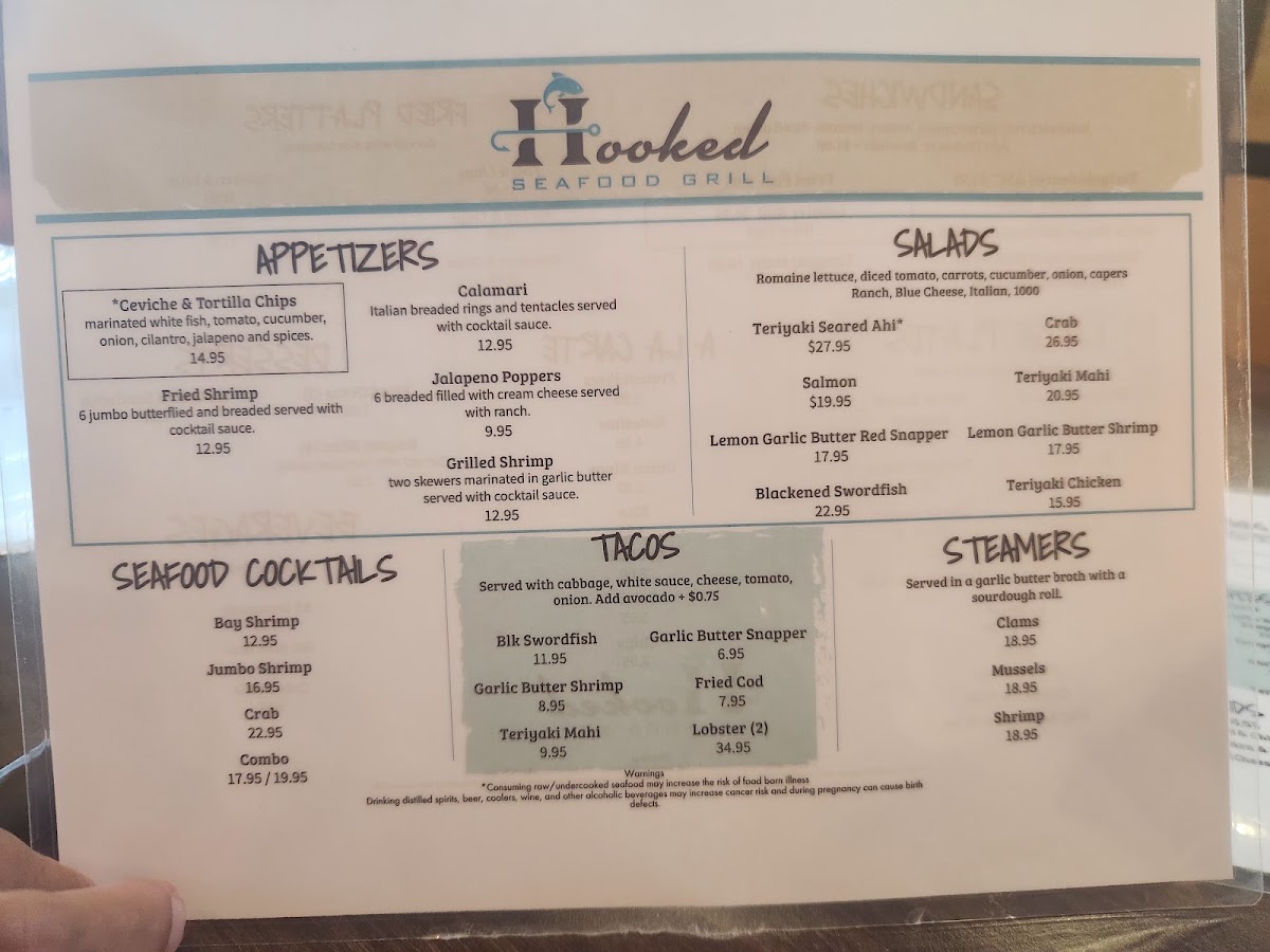 Hooked Seafood Grill menu board