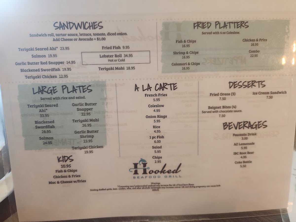 Hooked Seafood Grill menu board