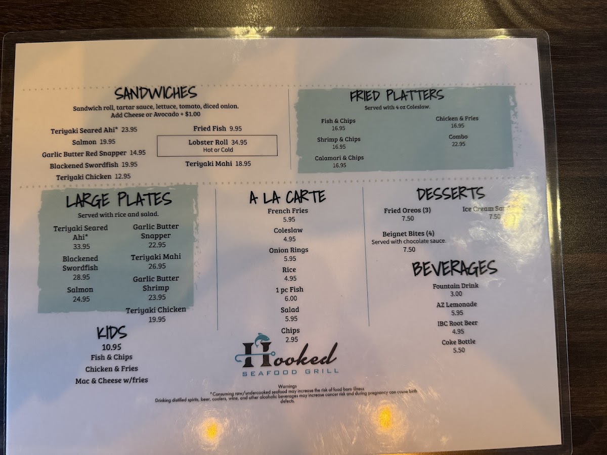 Hooked Seafood Grill menu board