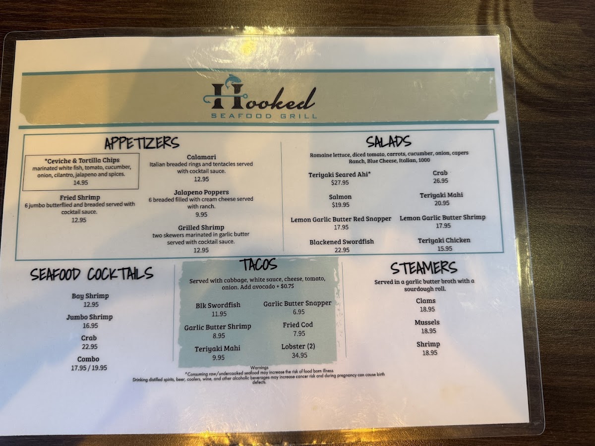 Hooked Seafood Grill menu board