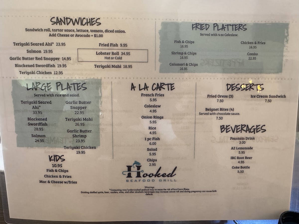 Hooked Seafood Grill menu board