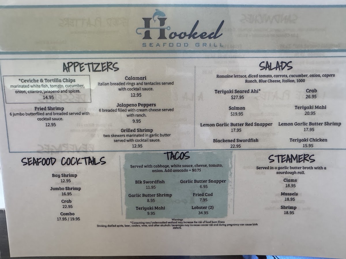 Hooked Seafood Grill menu board