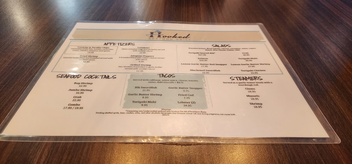 Hooked Seafood Grill menu board