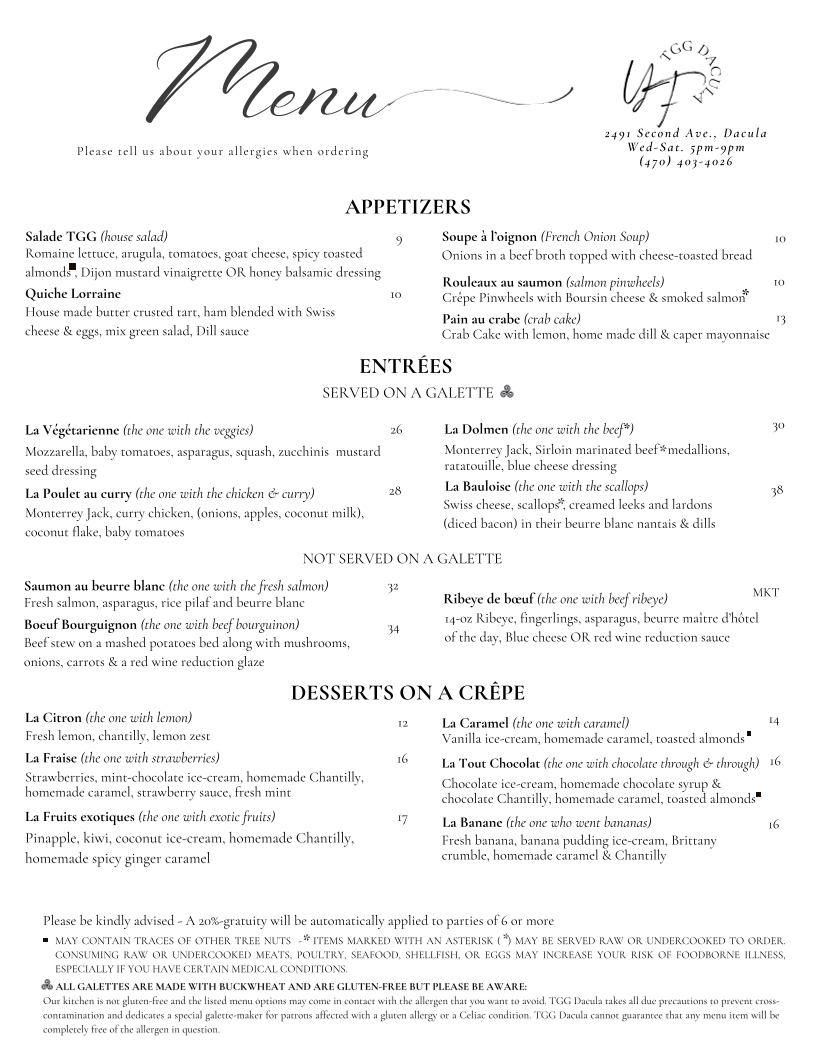 The Galloping Galette Dacula - TGG Dacula menu board